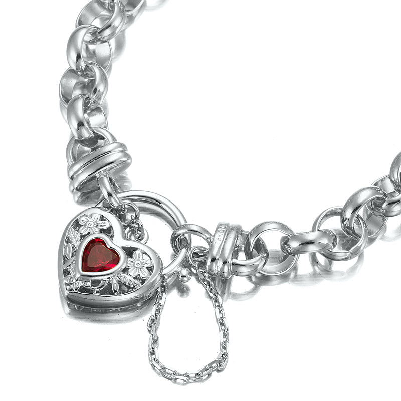 925 Sterling Silver Plated 10mm Belcher Chain Bracelet with a Filigree Locket Featuring a Simulated Ruby - USA Made-1